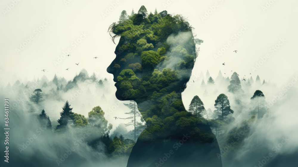 Double exposure of people and trees
