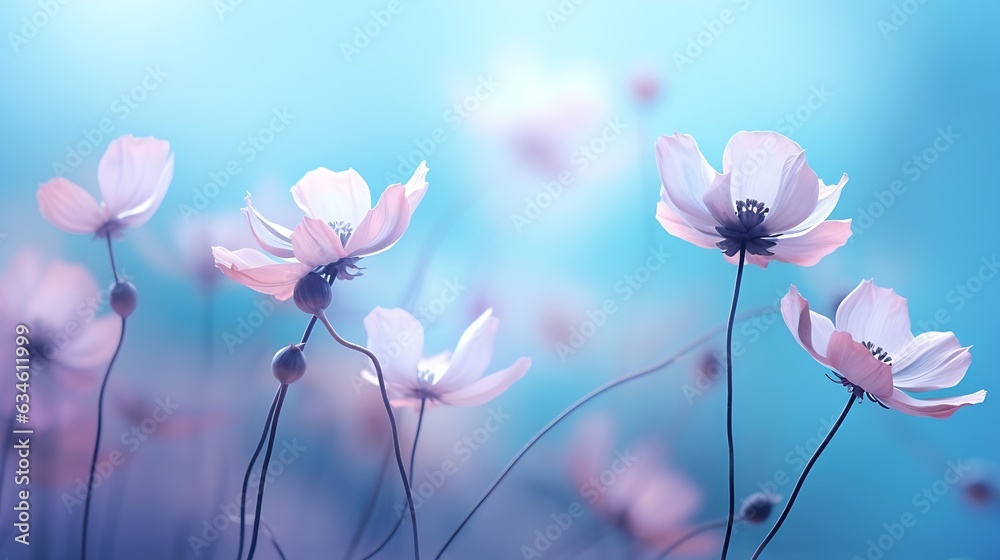Generative AI : Light purple flowers on the blue turquoise blurred background. Floral desktop. Generative AI : Light purple flowers on the blue turquoise blurred background. Floral desktop.