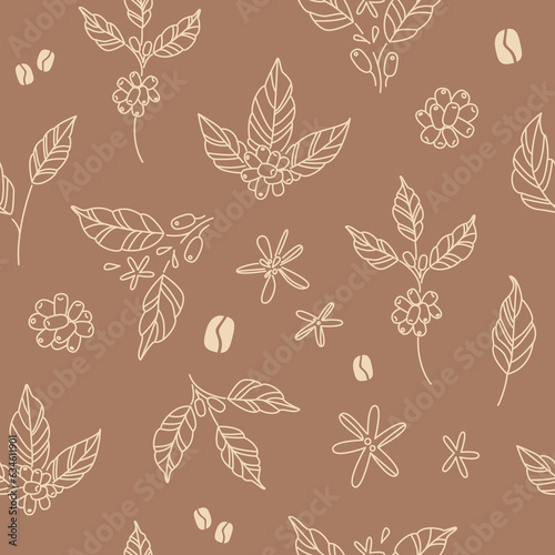 Coffee leaves, beans and flowers pattern. Hand drawn line art drawings of coffee branches and stems. Plant. Nature. Seamless background, banner, digital paper, wallpaper.