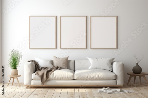 ベッドルームのインテリア背景のモックアップフレーム Mockup frame in bedroom interior background, room in light pastel colors Generative AI