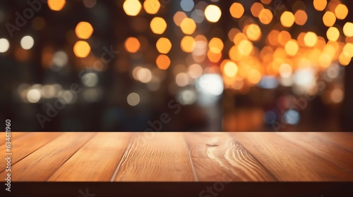 Generative AI : image of wooden table in front of abstract blurred background of resturant lights