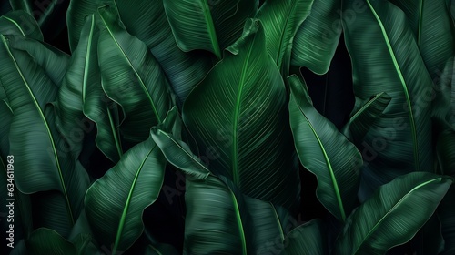 Generative AI : tropical banana leaf texture, large palm foliage nature dark green background