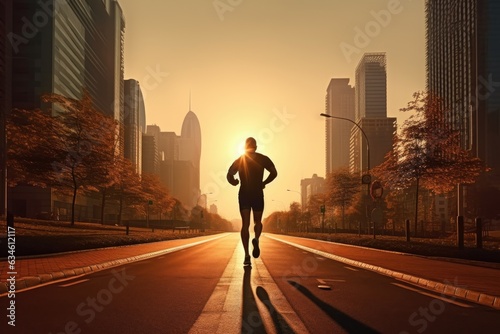 A young man runs through the city. Morning, warm tones.