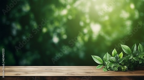 Generative AI   wood table green wall background with sunlight window create leaf shadow on wall with blur indoor green plant foreground.panoramic banner mockup for display of product.eco friendly int