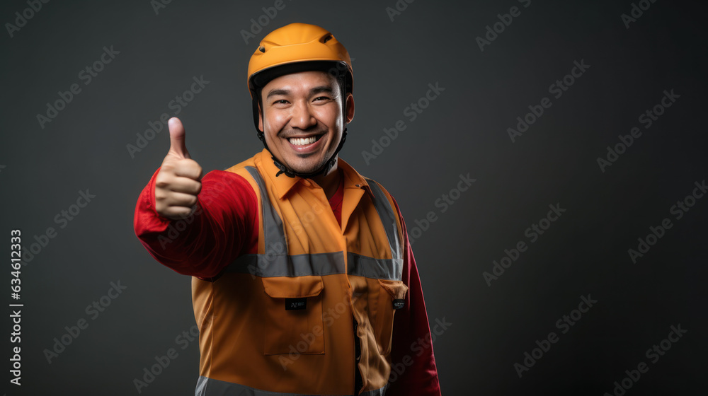 Delivery worker in uniform with smile and showing thumb up