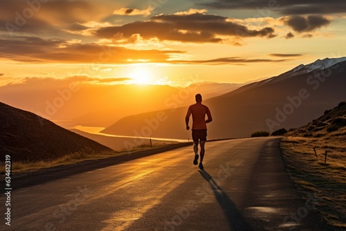 Man running along the road during sunset in the mountains
