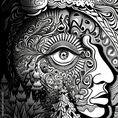 Cosmic Illusions: Adult Coloring Page Infused with Psychedelic LSD Aesthetics 