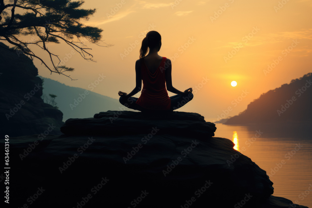 Woman doing yoga by the sea at sunset
