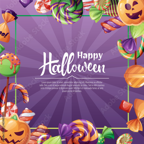 Vector background for Halloween invitation or greeting card. Holiday invitation Trick or Treat. Poster  banner with pumpkin biscuits  spooky candies  sweets  cookies  lollipops.