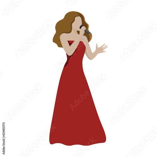 An elegant young diva singer in dark red dress and performing singing posture on stage. Vector illustration flat charactor design on white background