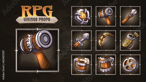 Viking RPG medieval fantasy Gaming Props with wooden Mug, Shield, Bow, Arrows, and hammer for Game Ui- Vector set of antique illustration