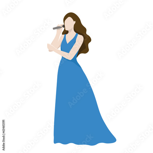 An elegant young diva singer in blue dress and performing singing posture on stage. Vector illustration flat charactor design on white background