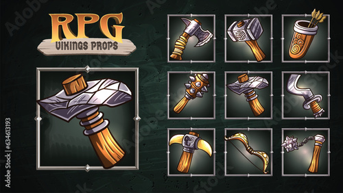 Viking RPG Medieval Fantasy Gaming Props with Horn Hammer, Arrow, Bow, Star hammer with chain, Axe and Hammer for Game Ui- Vector set of antique illustration