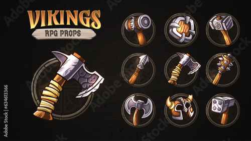 Viking RPG medieval fantasy Gaming Props with Wooden axe, hammer Spear, Shiled and Battle axe  for Game Ui- Vector set of antique illustration