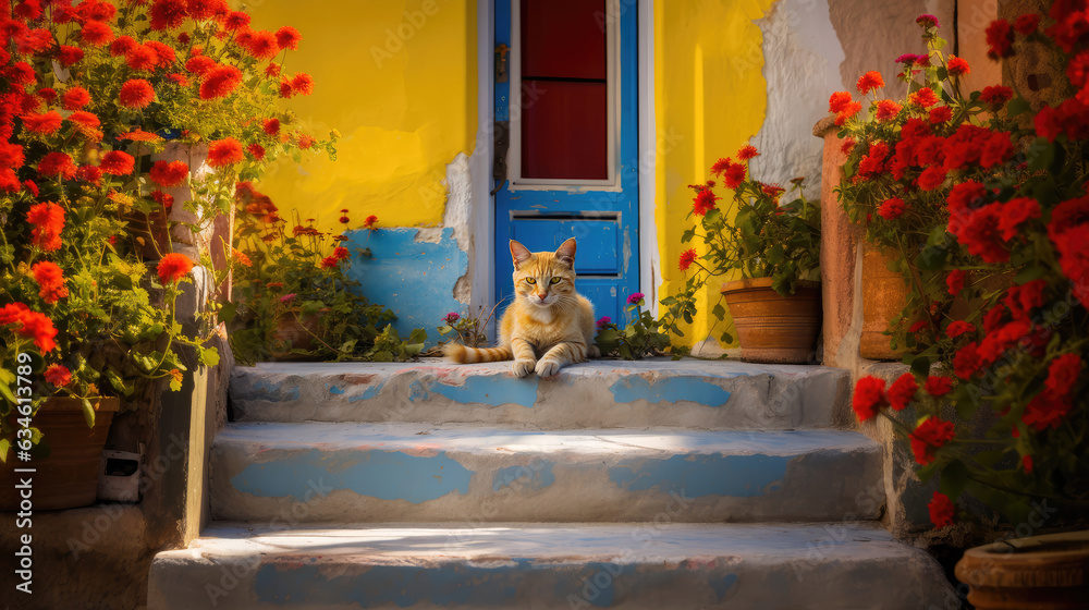 Cat at the door of a rustic, colorful holiday home with lots of flowers. - obrazy, fototapety, plakaty 