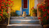 Cat at the door of a rustic, colorful holiday home with lots of flowers.