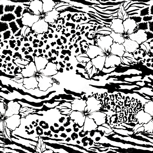 Hibiscus flowers and wild animal skins patchwork wallpaper black and white abstract vector seamless pattern