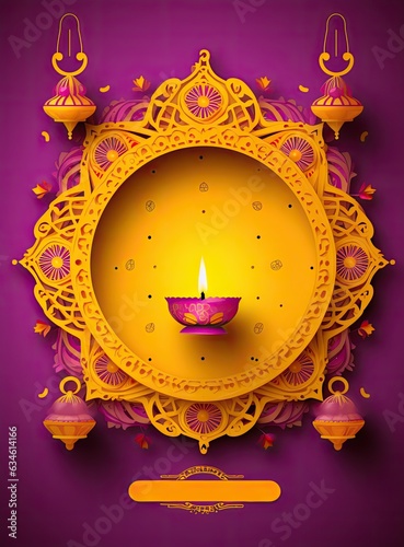 Indian festival Happy Diwali holiday design, of Indian Rangoli and hanging diya - oil lamp, Diwali celebration greeting card. Ai generated