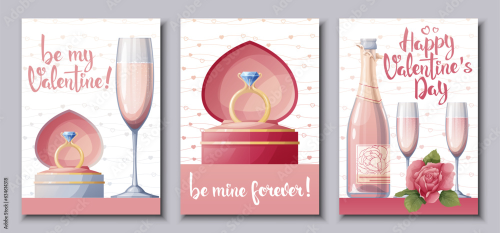 Set of cards for Happy Valentine's Day. Roses, gifts, champagne, wedding ring. Festive bright postcard, love creative concept. A4 vector illustration for banner, poster, card, postcard.