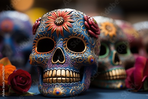 Day of death skull decorate with flower concept background.