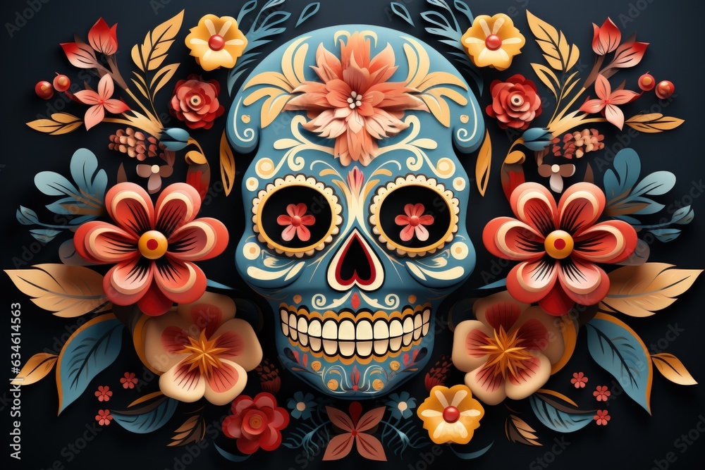 Day of death skull decorate with flower concept background.