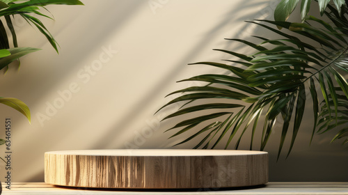 Wooden platform for products with vegetation. Minimalist style. 3D Rendering