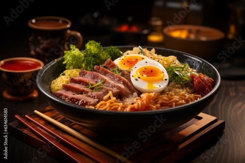 Steaming Bowl of Ramen with Rich Broth, Tender Chashu Pork, and a Soft-boiled Egg, Generative AI