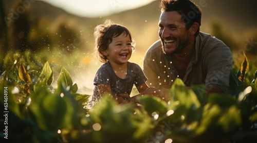 A father and his son is working at farm.