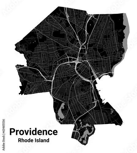Providence city map, capital of the USA state of Rhode Island. Municipal administrative borders, black and white area map with rivers and roads, parks and railways.