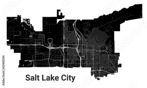 Salt Lake City map, capital of the USA state of Utah. Municipal administrative borders, black and white area map with rivers and roads, parks and railways.