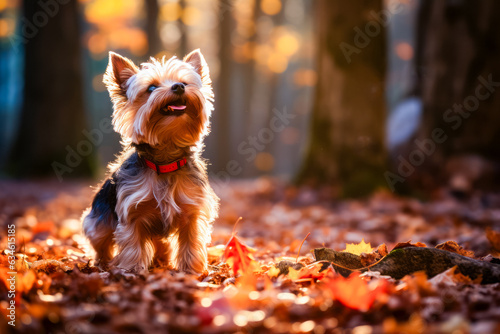 Small dog standing on top of pile of leaves. © valentyn640