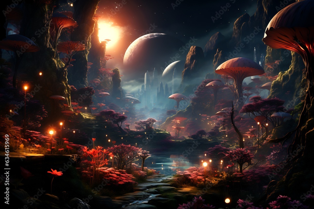 Image of fantasy landscape with river and trees.