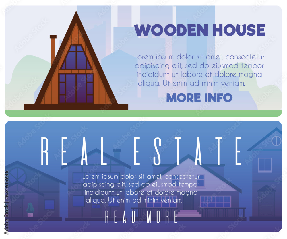 Real estate advertising web banner set, wooden house for sale, flat vector illustration.