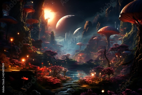 Image of fantasy landscape with river and trees.