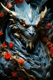 Close up of statue of demon with red eyes.