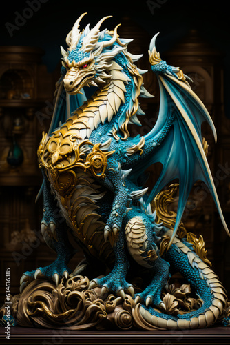Blue and gold dragon statue sitting on top of table.