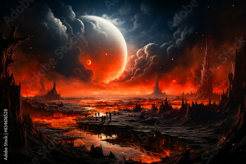 Image of alien landscape with red moon in the sky.