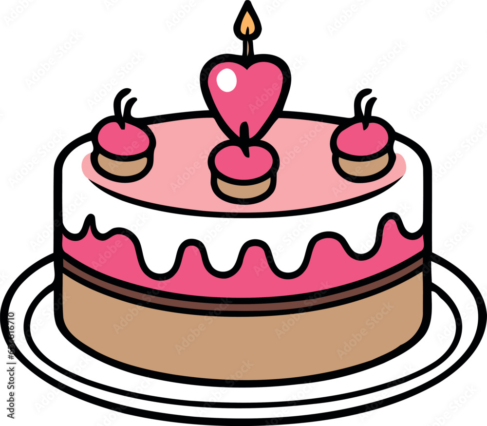 Birthday, wedding, tart cake with candle in flat color vector design in white background Birthday, wedding, tart cake with candle in flat color vector design in white background