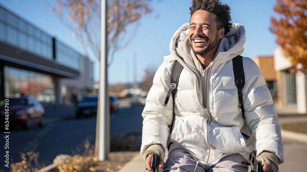 Radiant Smile of a Happy Man in Wheelchair, Positivity and Contentment, Minimalistic Portrait, Inclusive Representation, Empowering Image, Clean White Background, Expressive Emotion