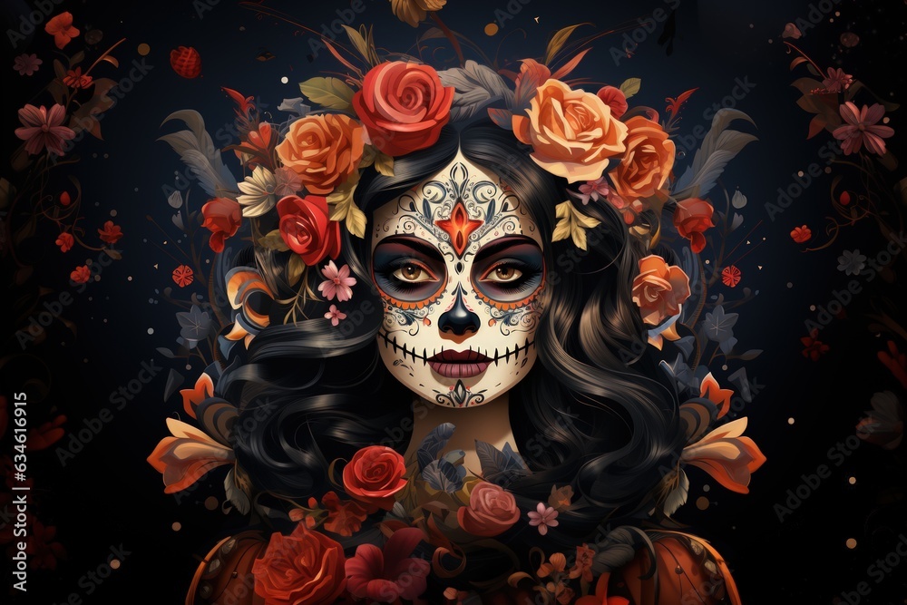 Woman paint her face skull and decorate with flower. Day of death culture concept background.