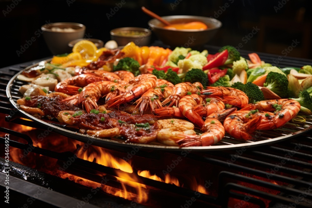 Sizzling Teppanyaki Grill with a Variety of Fresh Seafood and Vegetables, Generative AI