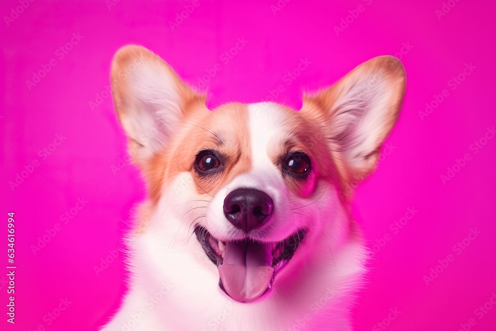 Portrait happy welsh corgi pembroke dog looking at camera on pink neon background. Funny Welsh Corgi Pembroke dog on bright trendy pink background
