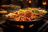Sizzling Teppanyaki Grill with a Variety of Fresh Seafood and Vegetables, Generative AI