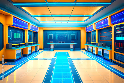 Futuristic cartoon indoor background for a high-tech laboratory