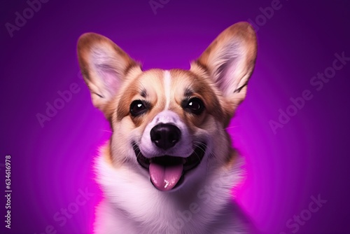 Portrait happy welsh corgi pembroke dog looking at camera on pink neon background. Funny Welsh Corgi Pembroke dog on bright trendy pink background