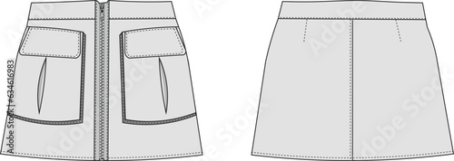 cargo pocket zippered mini skirt technical drawing flat sketch fashion woman template