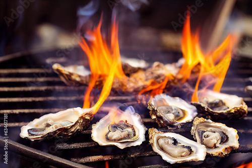 oysters on grill with fire