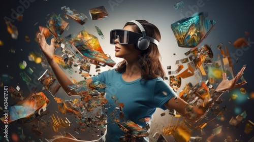 Virtual Realms Unveiled: Person Immersed in AR Glasses, Surrounded by Virtual World and Data, Generative AI