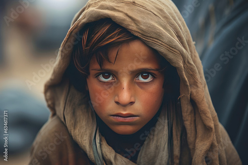 A poor staring hungry orphan boy in a refugee camp with a sad expression on his face and his face and clothes are dirty and his eyes are full of pain. Generative Ai