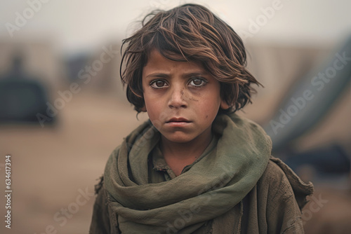 A poor staring hungry orphan boy in a refugee camp with a sad expression on his face and his face and clothes are dirty and his eyes are full of pain. Generative Ai